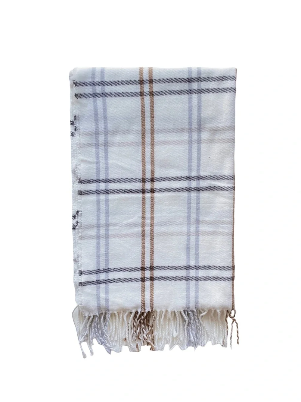 Steve Madden Plaid Fringe Scarf – White, Tan, Gray & Black – One Size